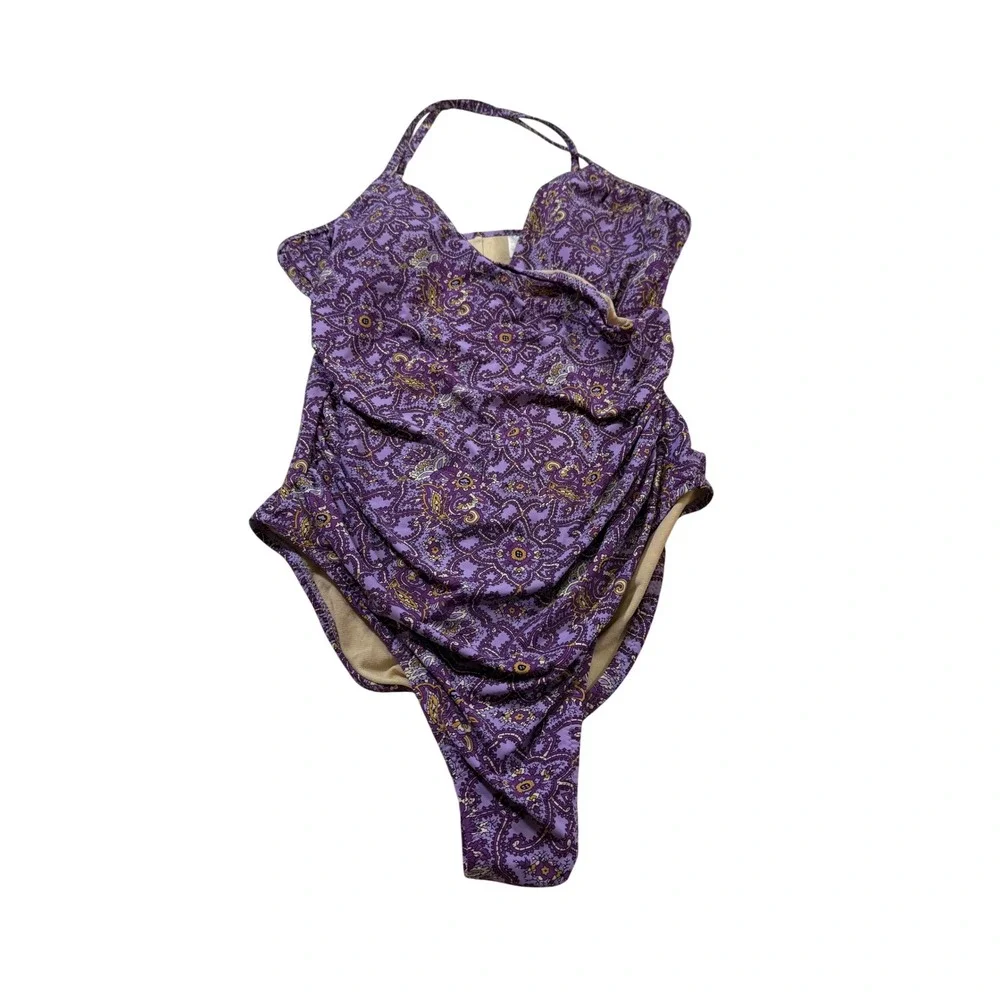 Garnet Hill Swimsuit 10 Purple‎ Paisley Ruched Boho Tropical Resortwear Floral